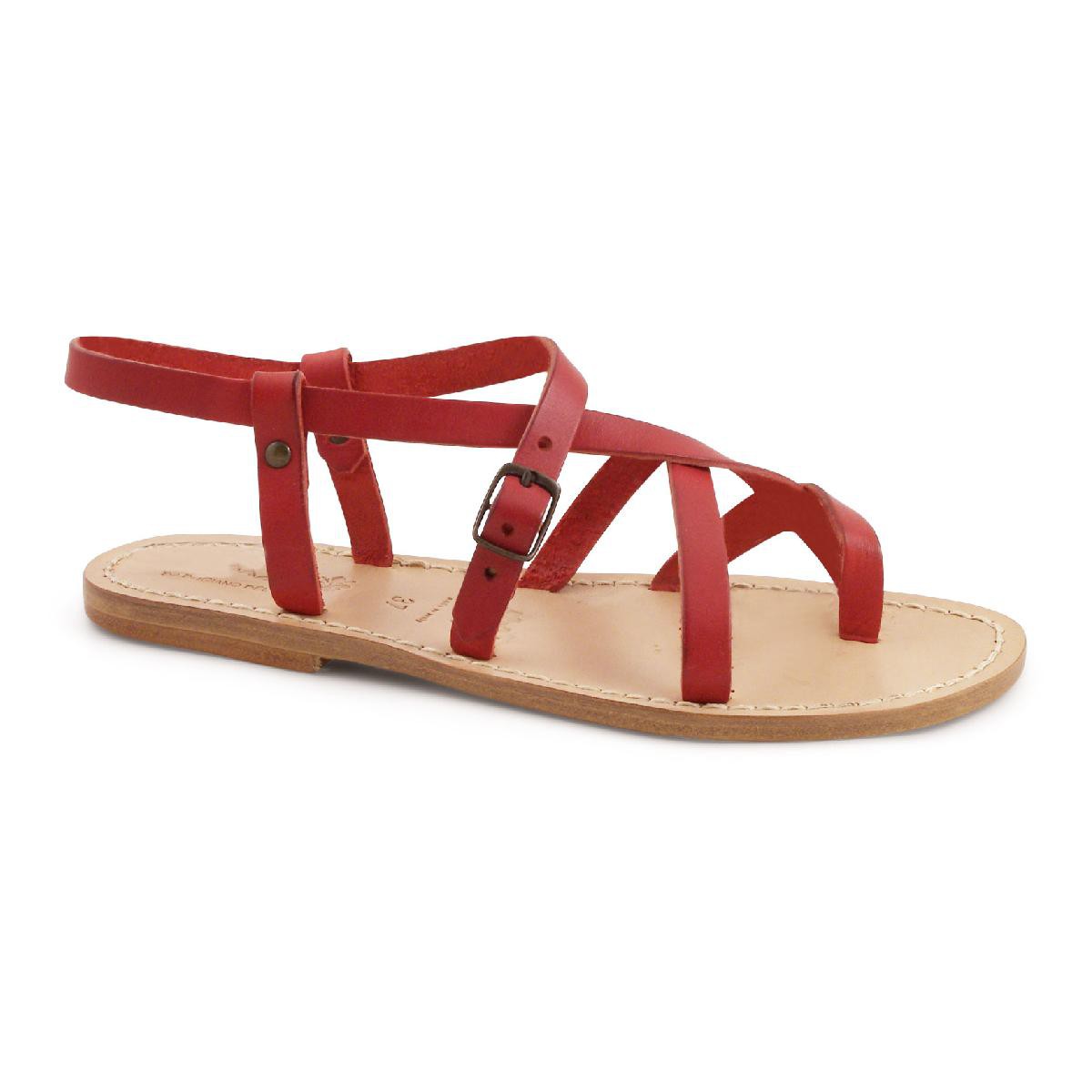 Red leather flat sandals for women 