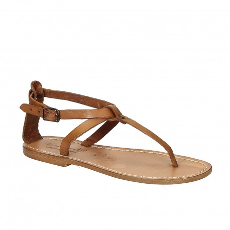 Handmade women's t-strap flat sandals in leather | The leather craftsmen