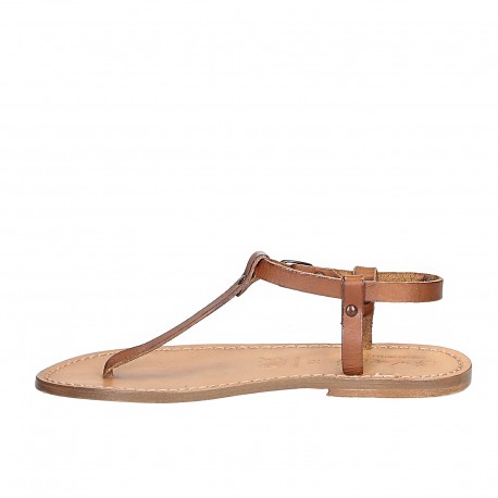 T-strap thong sandals in tan Leather handmade in Italy | The leather ...