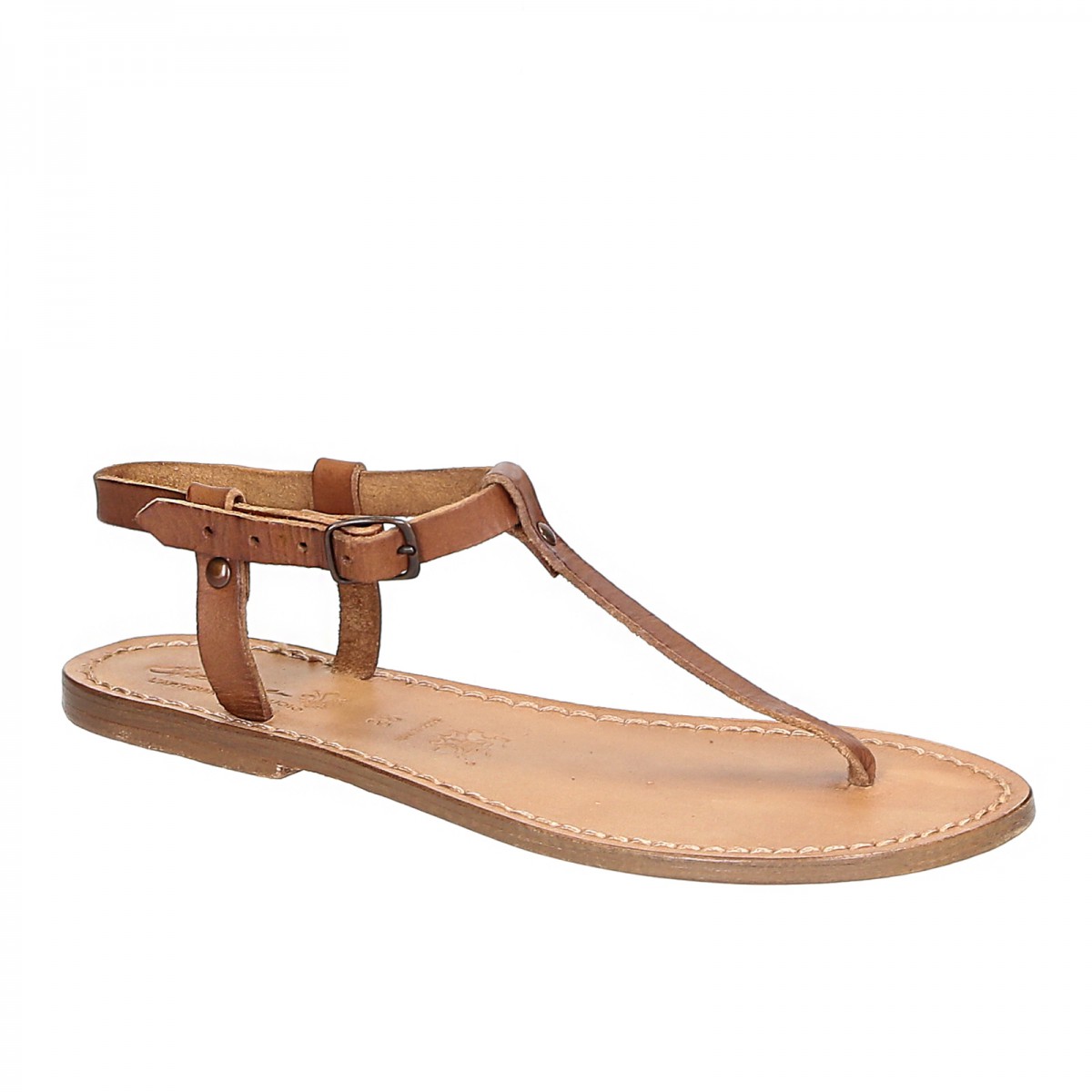 T-strap thong sandals in tan Leather 
