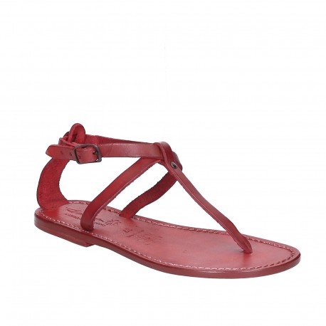 Women's t-strap sandals in red Leather handmade in Italy | The leather ...