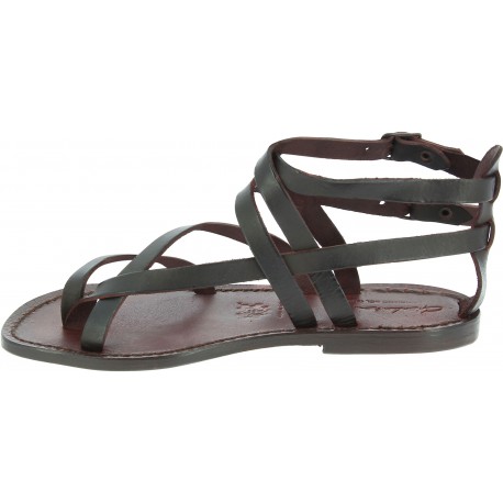 Handmade womens flat sandals in dark brown leather | The leather craftsmen