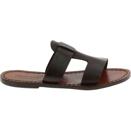 Women's leather slide sandals in dark brown leather handmade | The ...