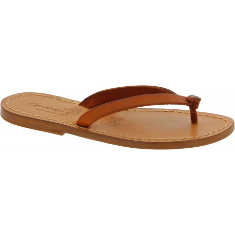 Handmade women's thong slippers in tan leather | The leather craftsmen