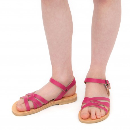 Girl's braided sandals in fuchsia calf leather with buckle closure ...