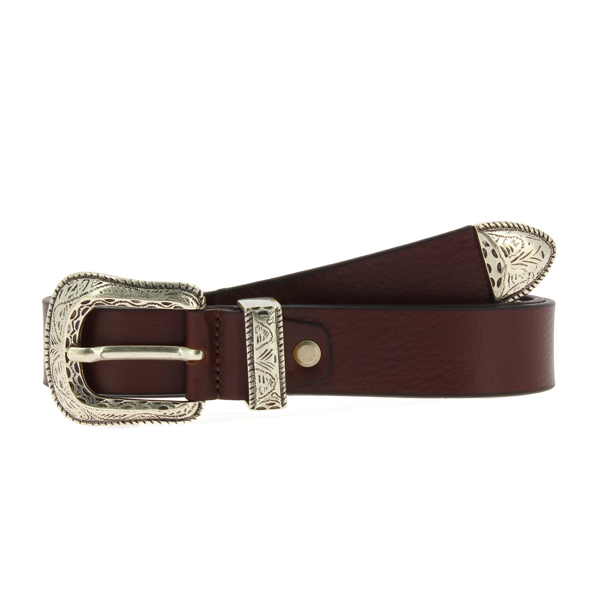 Dark brown leather belt with engraved metal buckle and tip | The ...