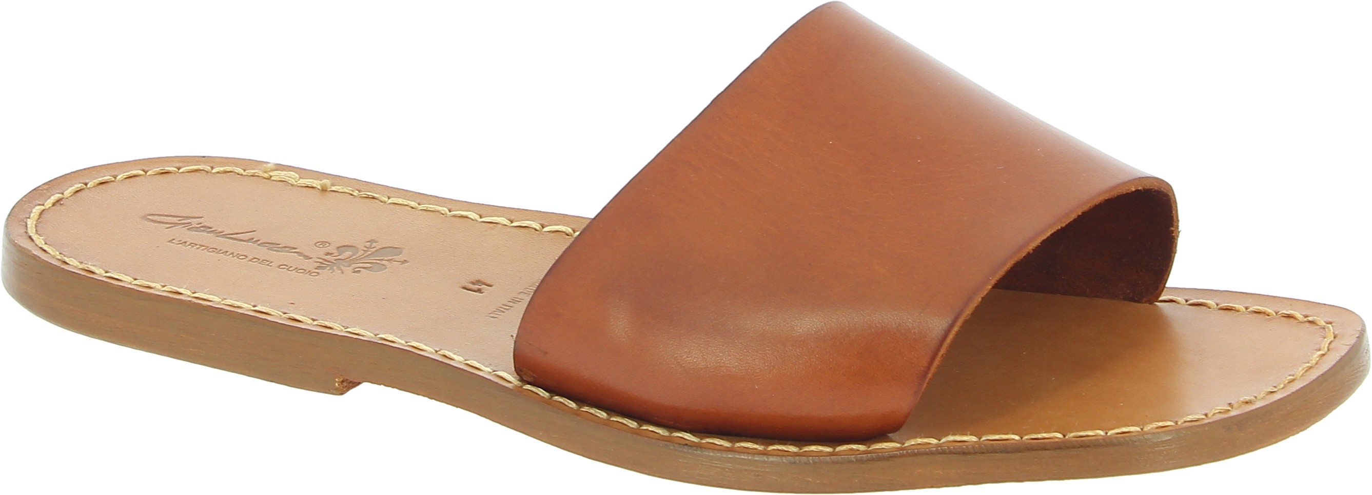 Men's leather slides sandals in tan leather handmade