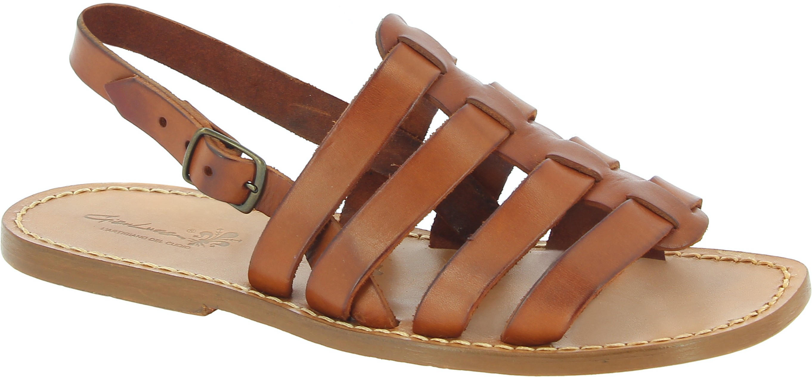 Leather cage sandals for men in tan color leather