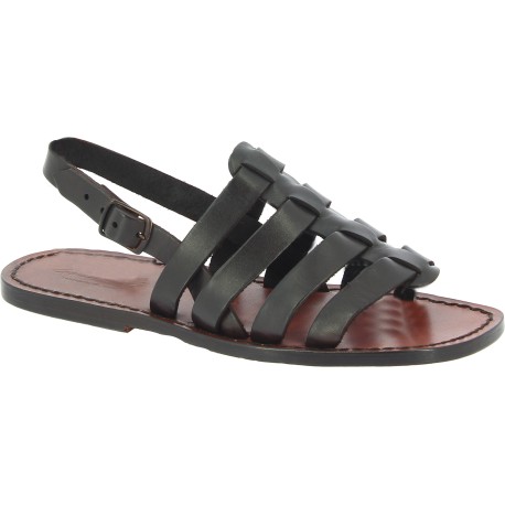 Sandals cage pour homme en cuir marron foncé artisanales