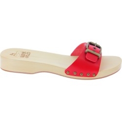 Handmade wooden clog slippers for women with adjustable red leather band