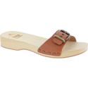 Handmade women's wooden clog sandals with adjustable tan leather band