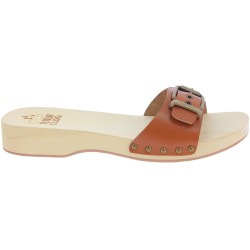 Handmade women's wooden clog sandals with adjustable tan leather band